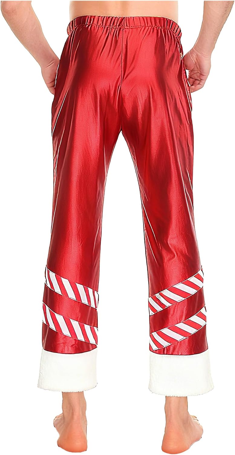 Sywiyi Men's Christmas Santa Claus Costume Pants Shiny Metallic Striped Bottoms Straight Leg Trousers