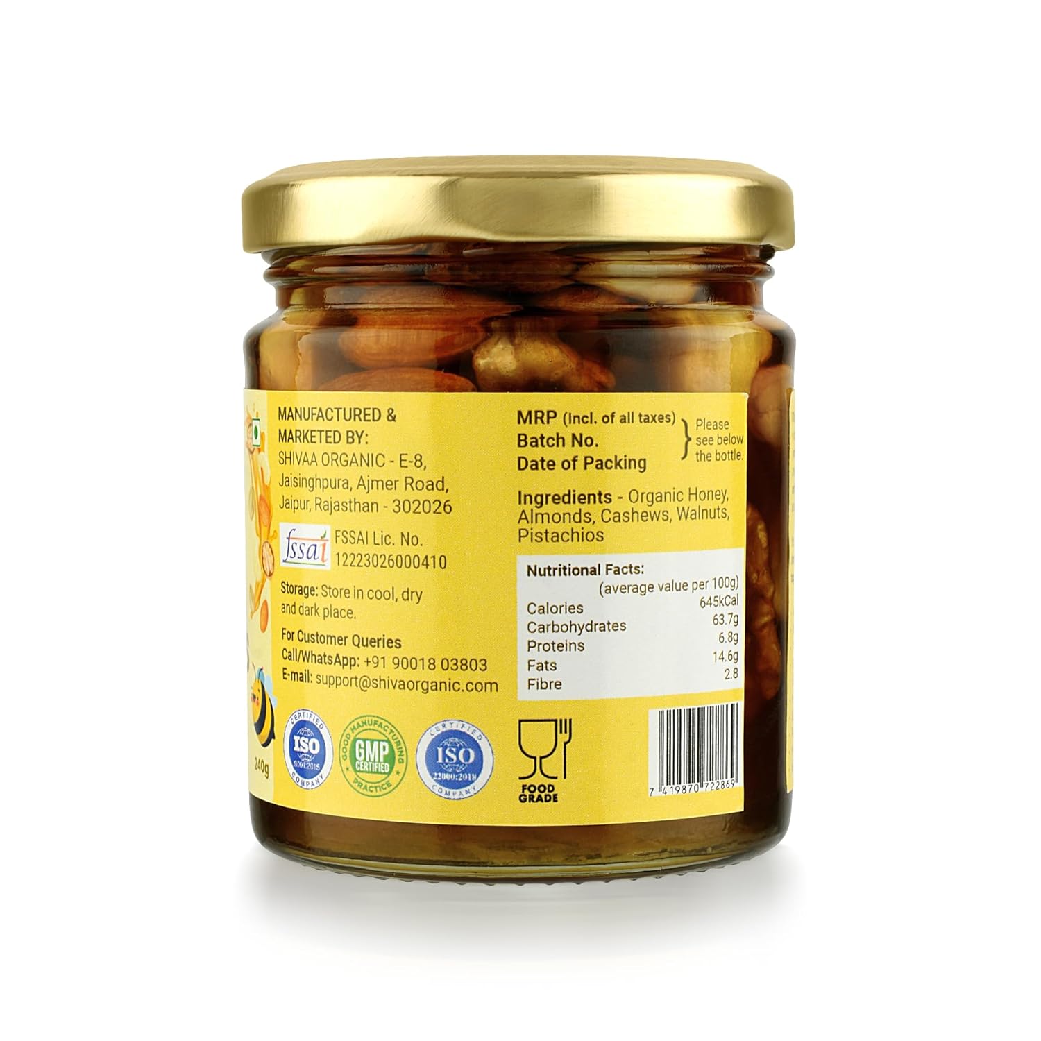 Shiva Organic Mixed Nuts in Honey (Almonds, Walnuts, Cashews, Pistachios) - 240g (17.64 FL OZ) - Crunchy, Protein-Rich, High in Magnesium, Phosphorus, and Dietary Fiber
