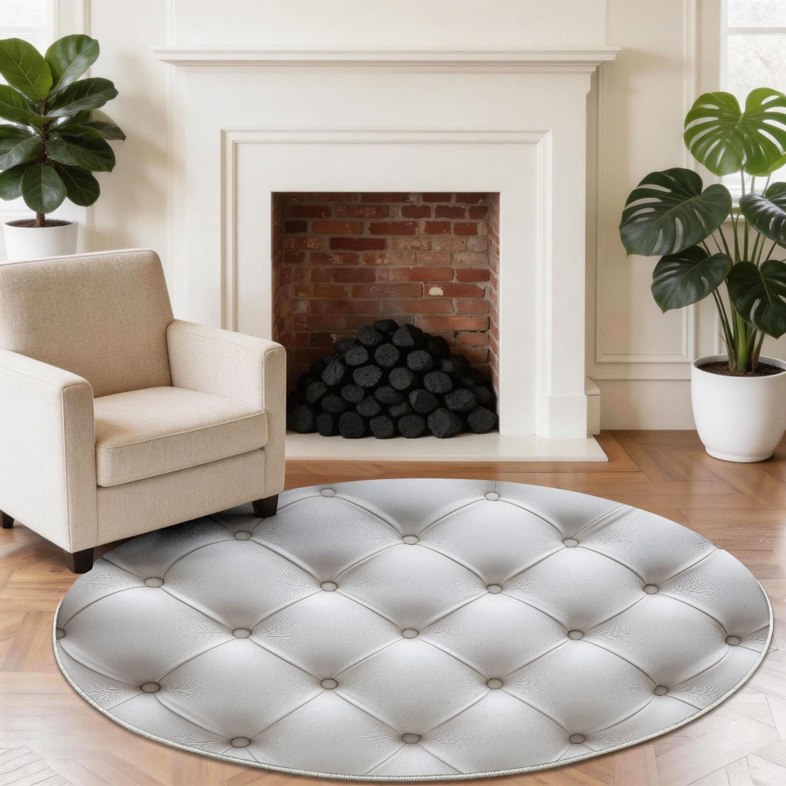Tapis Rond 150 cm Moquette Luxe Texture Cuir Géométrique - Tapis Circulaire Simple pour Salon et Chambre, Antidérapant Lavable et Doux Poils Courts, Blanc