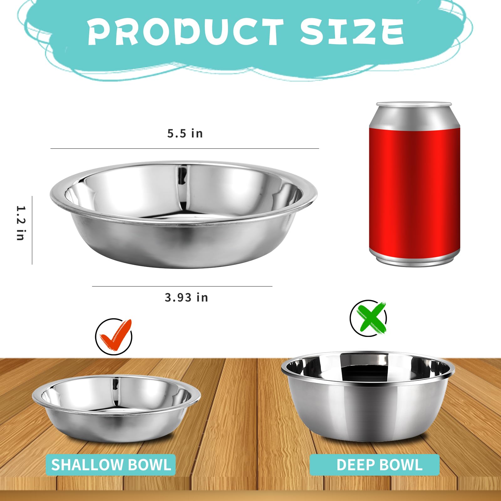 12 cuencos de acero inoxidable para gatos poco profundos para alimentos y fatiga, plato de agua básico de metal para mascotas, soporte elevado para gatos y perros pequeños (5.5 pulgadas de diámetro)