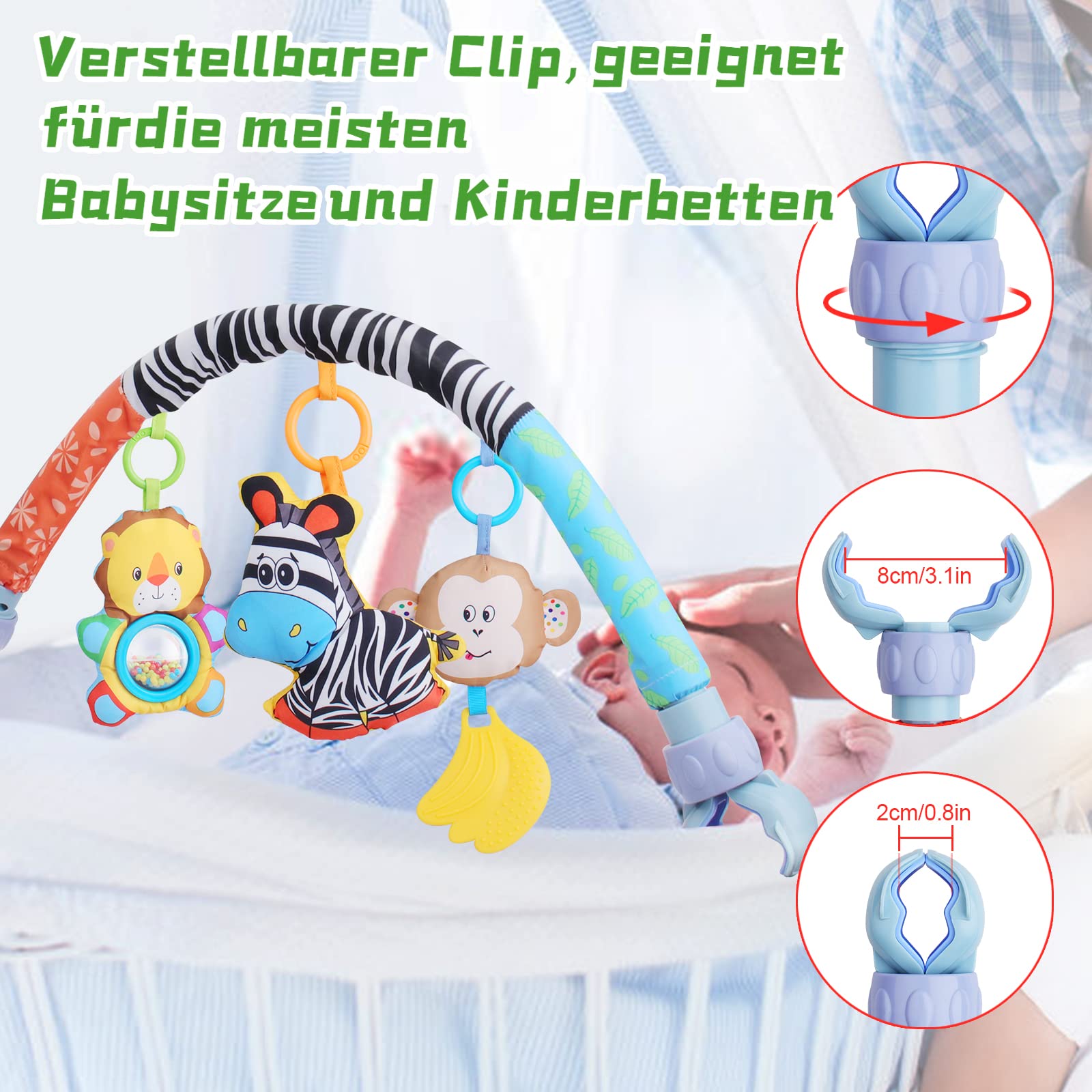 Henakmsl Jouet de Poussette Arc pour bébé 0-6 Mois Jouet de Poussette avec hochet/Squeak Musical Sensoriel Crèche Suspendue Arc Jouet Mobile Poussette Jouet pour Nouveau-né