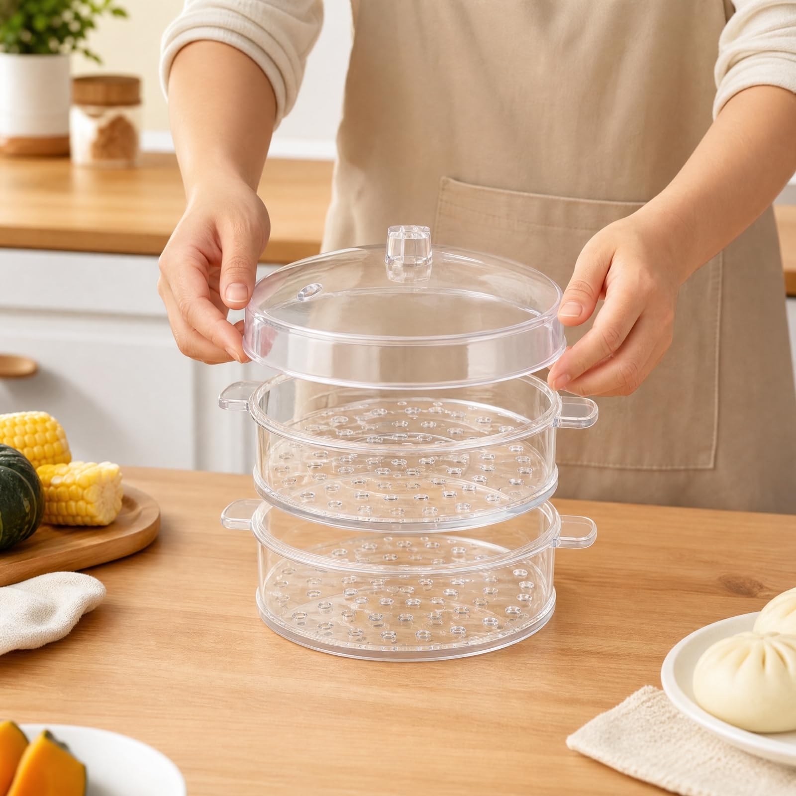 Dampfgar-Einsatz mit Deckel Transparent Dampfgar-Einsatz mit Griffen Leicht zu Reinigen Plastik-Dampfeinsatz für Küche, 4 Schichten