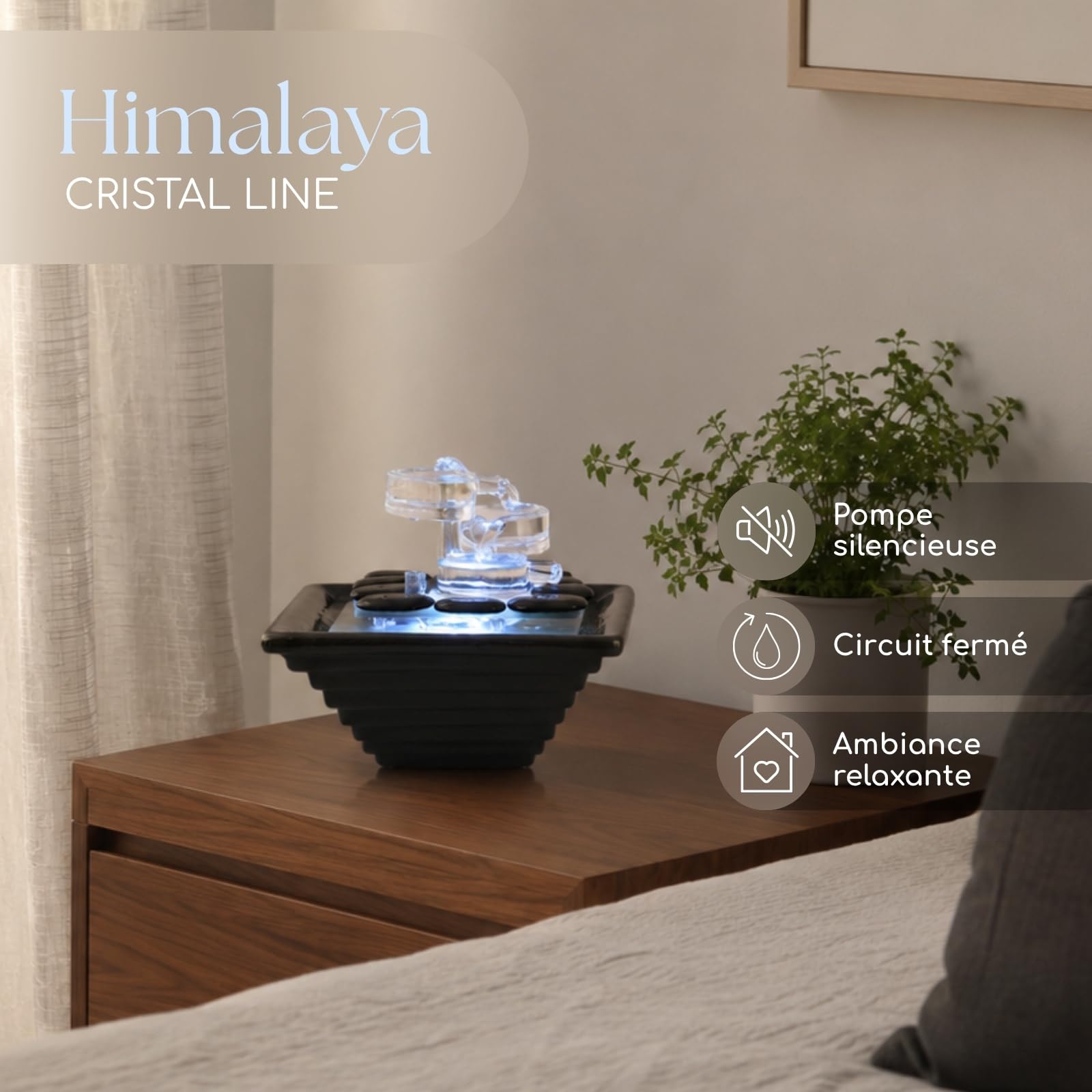 Fontaine d’Intérieur en Céramique et Verre Haute Qualité Lumière Blanche, Déco Méditation, Tasse Jarre Zen, écoulement d’eau envoutant, Idée Cadeau Haute Gamme, H 20x23x23cm – Himalaya Zen’Light
