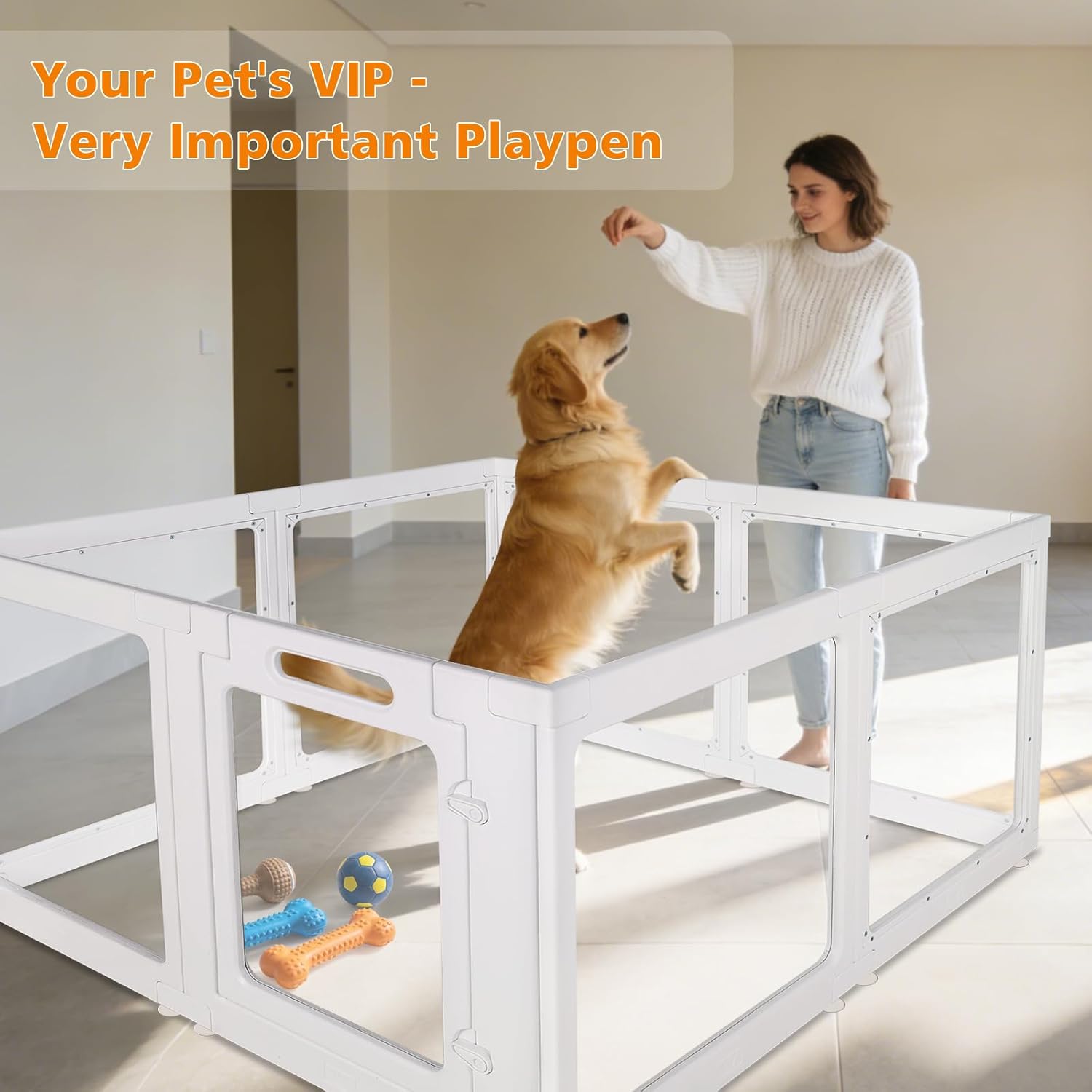 Clear Acrylic Plastic Dog Playpen with Door, 23.6"H Transparent DIY Puppy Cat Pet Play Pen, Modular Fence for Dog, Cat, Pig, Rabbit, Ferret, Easy Assemble Dog House Crate Kennel Whelping Cage