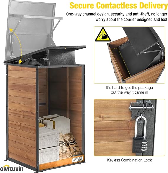 Aivituvin Package Delivery Box for Outside with Combination Lock | solid wood-iron frame, weatherproof, 10x18x18 parcel fit, one-way slot, lockable porch storage