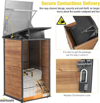 Aivituvin Package Delivery Box for Outside with Combination Lock | solid wood-iron frame, weatherproof, 10x18x18 parcel fit, one-way slot, lockable porch storage