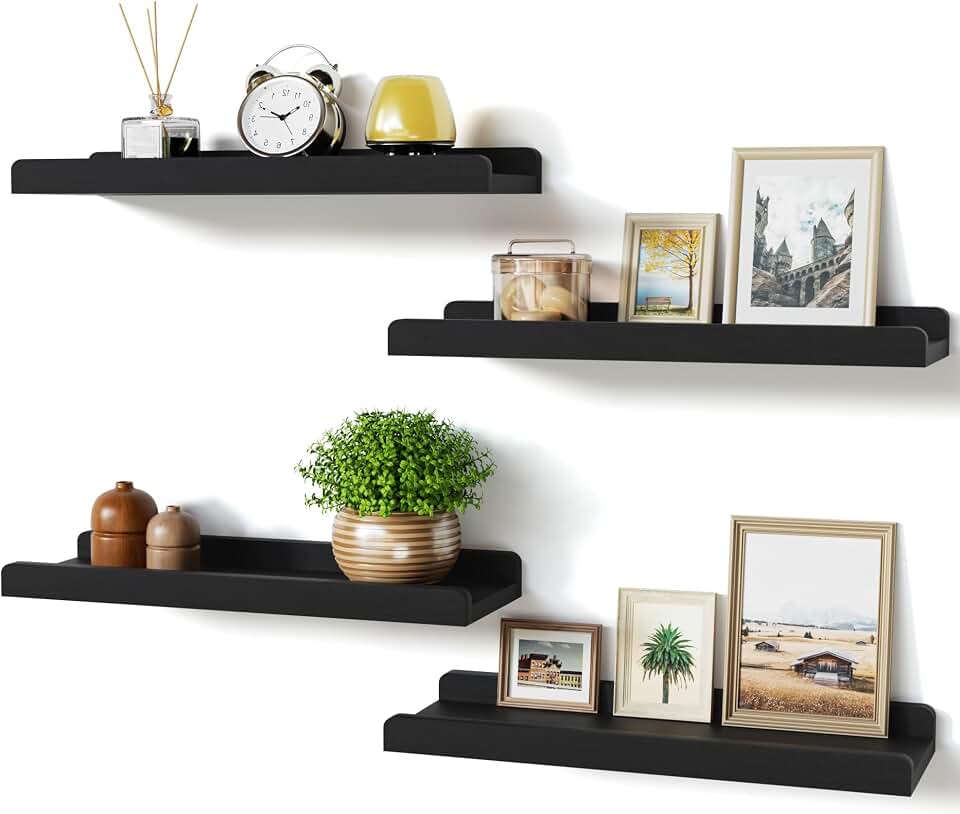 Black Floating Shelves for Wall Set of 4, Wood Wall Shelves with Lip,15.6 Inch Rustic Hanging Shelves for Bedroom Bathroom Living