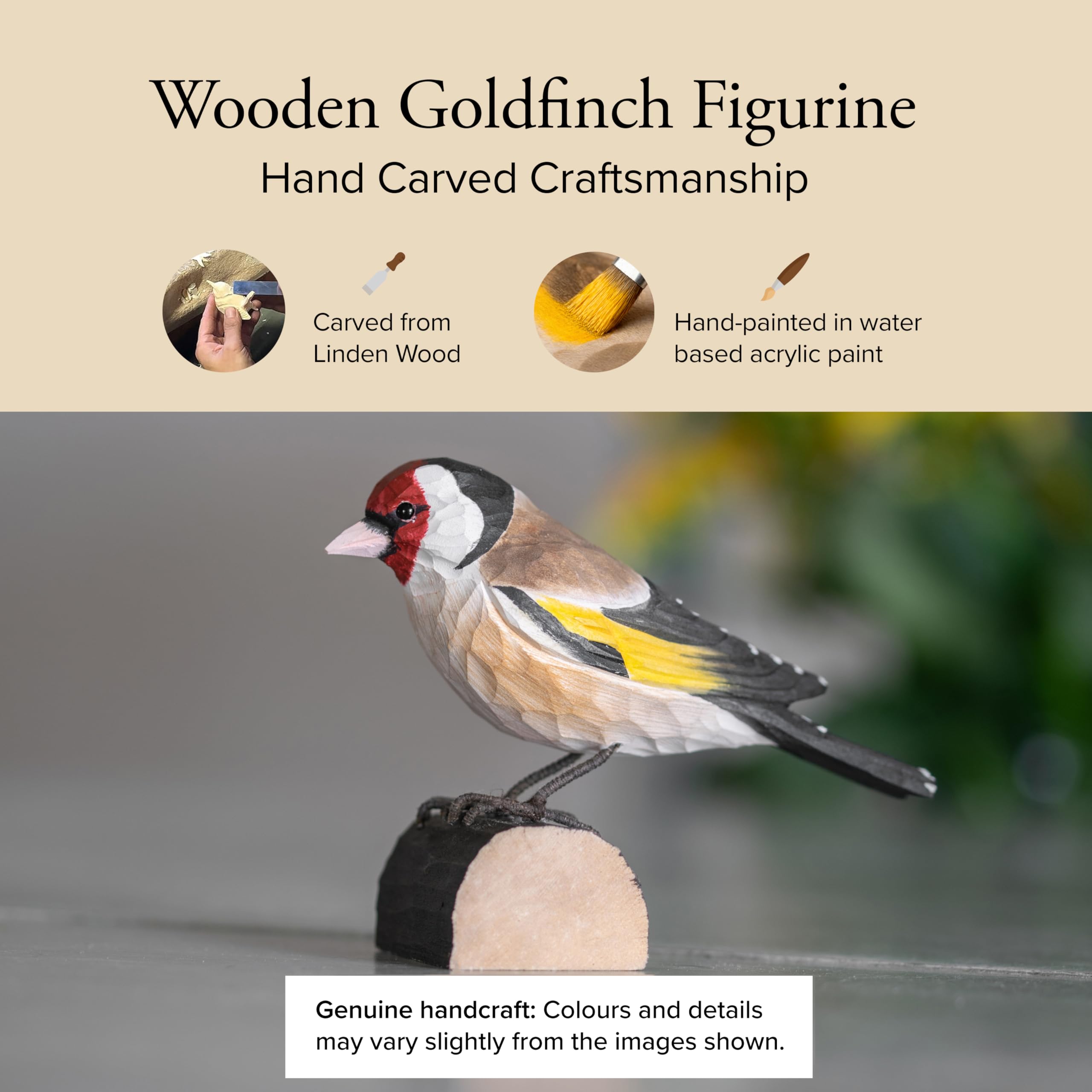 WILDLIFEGARDEN WG406 DecoBird Szczygieł - ręcznie rzeźbiony dekoracyjny ptak z drewna - małe ptaki europejskie