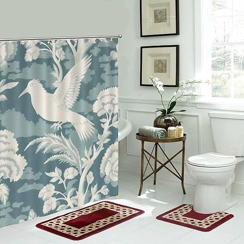 Miniatura 497 de Cortinas de ducha de baño con ganchos, 72 x 92 pulgadas, cortina de ducha de tela impermeable con diseño de flores y pájaros, cortina de ducha