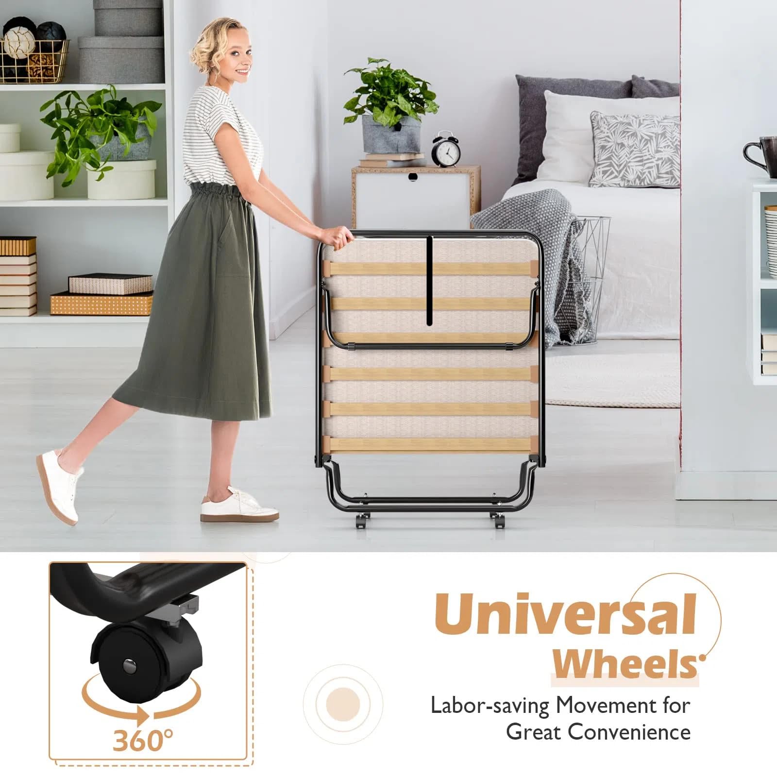 GIANTEX Letto Pieghevole, Singolo con 4 Ruote, 4 Gambe in Mettallo, Fibbia Fissata, 80 x 190 cm, Materasso di 10 cm, Ideale per Viaggio e di Riserva