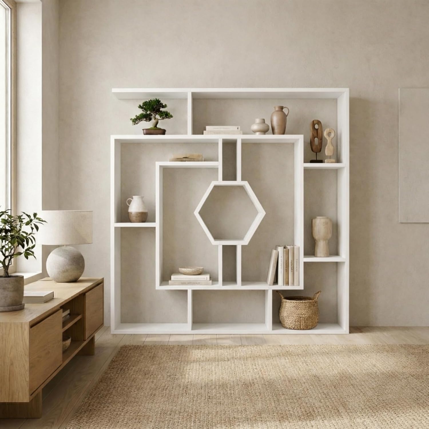 Decorotika 53" Labrina Geometric Bookcase for Home & Office (White)