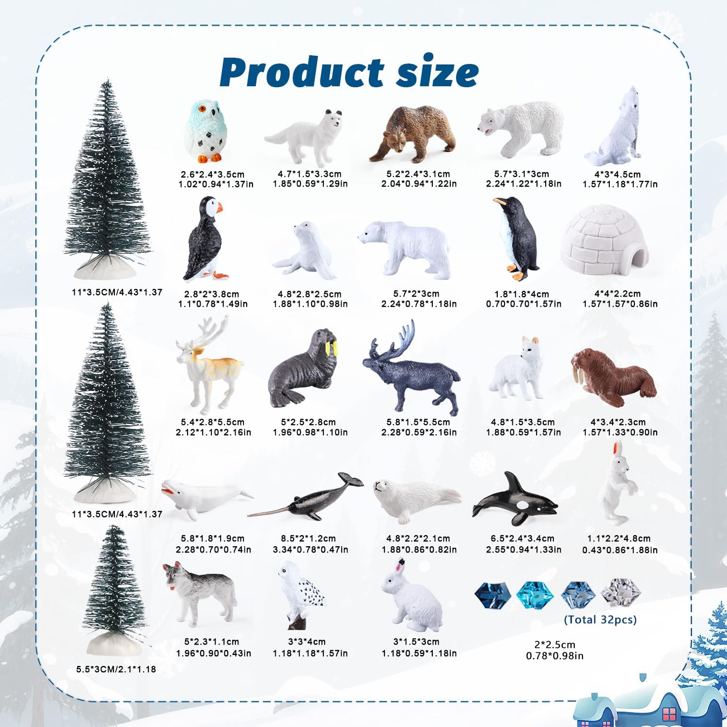 56Pcs Arctic Animal Toy, Mini Figures Polar Bear, Penguin, Caribou, Snowy Owl, Pine Trees, Ice Igloo Rocks for Kids School Project Diorama Sensory Cake Decorations Party Gift