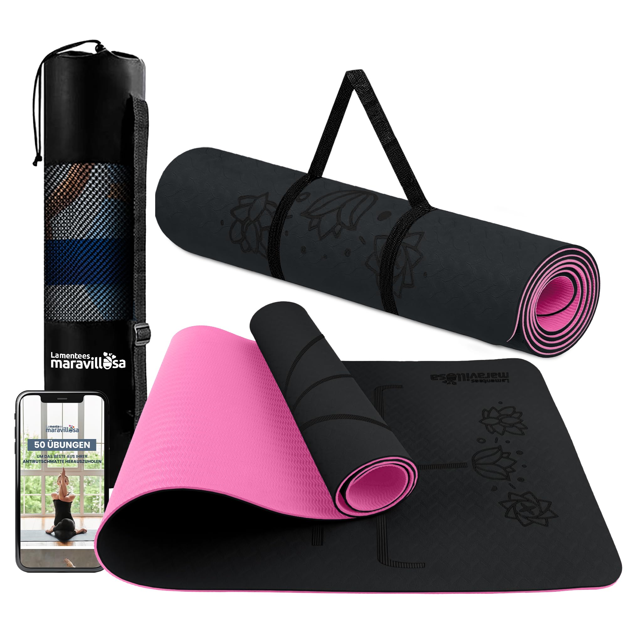 LA MENTE ES MARAVILLOSA - Gymnastikmatte Rutschfest【TPE | 183x61cm】Inkl Tragegurt + Tasche + Übungs-E-Book, Gelenkschonende Yogamatte für Fitness, Pilates | Indoor/Outdoor Geeignet