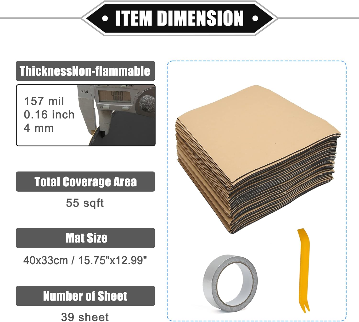 39 Pcs Sound Deadening Mat, 157mil 4mm 55sqft Heat Insulation Pad Universal for Car Door Floor Damping Self Adhesive Foam W/Foil Tape and Tool