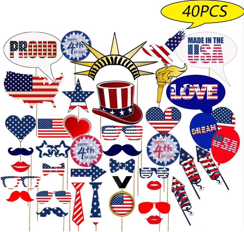 4th of July Photo Booth Props - For American Independence Day Star/Uncle Sam Hat Patriotic Party Decorations Supplies 40pcs