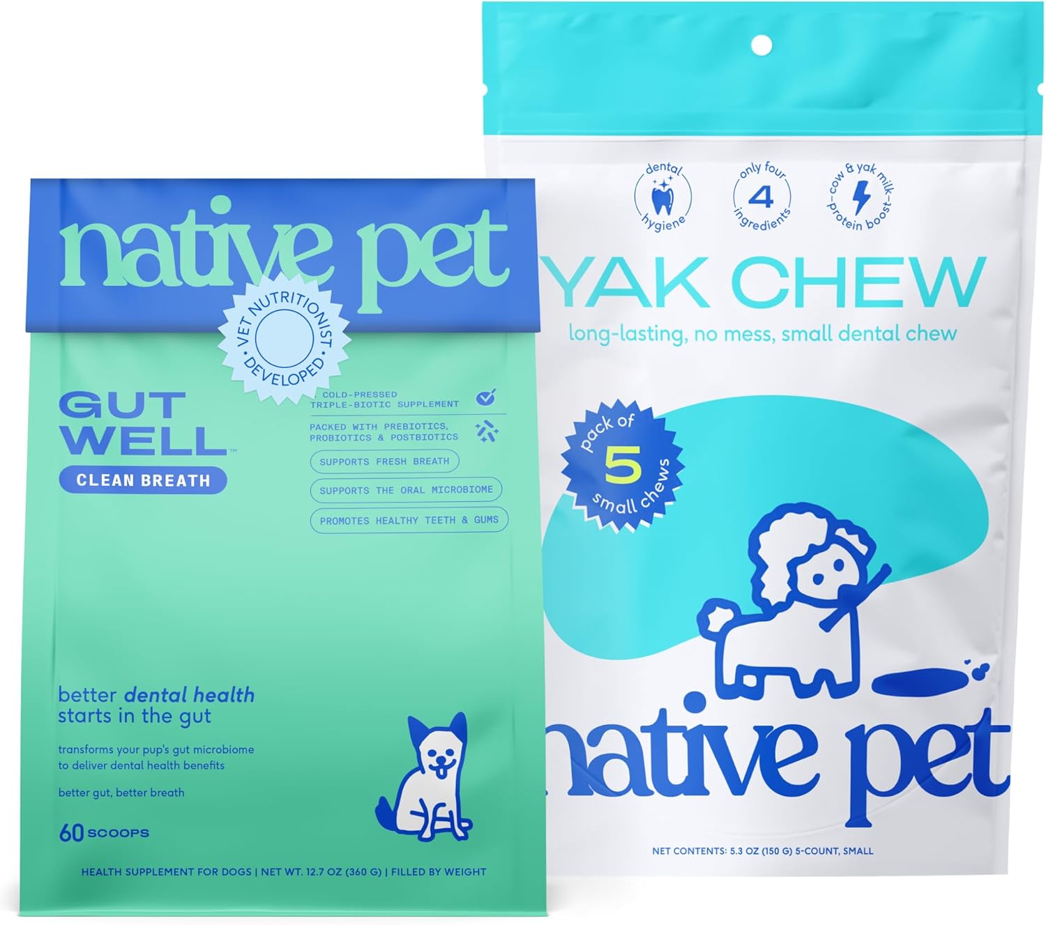 Native Pet Fresh Breath Bundle: 60 Scoops GutWell Clean Breath - Dog Breath Freshener & 5 Small Yak Cheese Himalayan Dog Chews - Long Lasting Dental Sticks