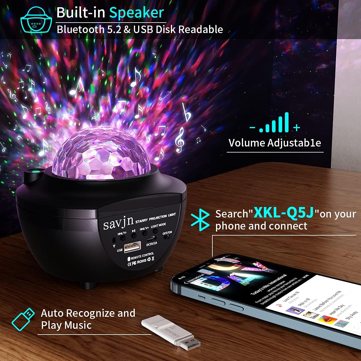 Star Projector Galaxy Light, 2200mAh Rechargeable Cordless LED Night Lights Projector Sky Ocean Wave Bright Nightlight with Bluetooth Music Speaker Aesthetic Bedroom Room Decor for Kids Adults