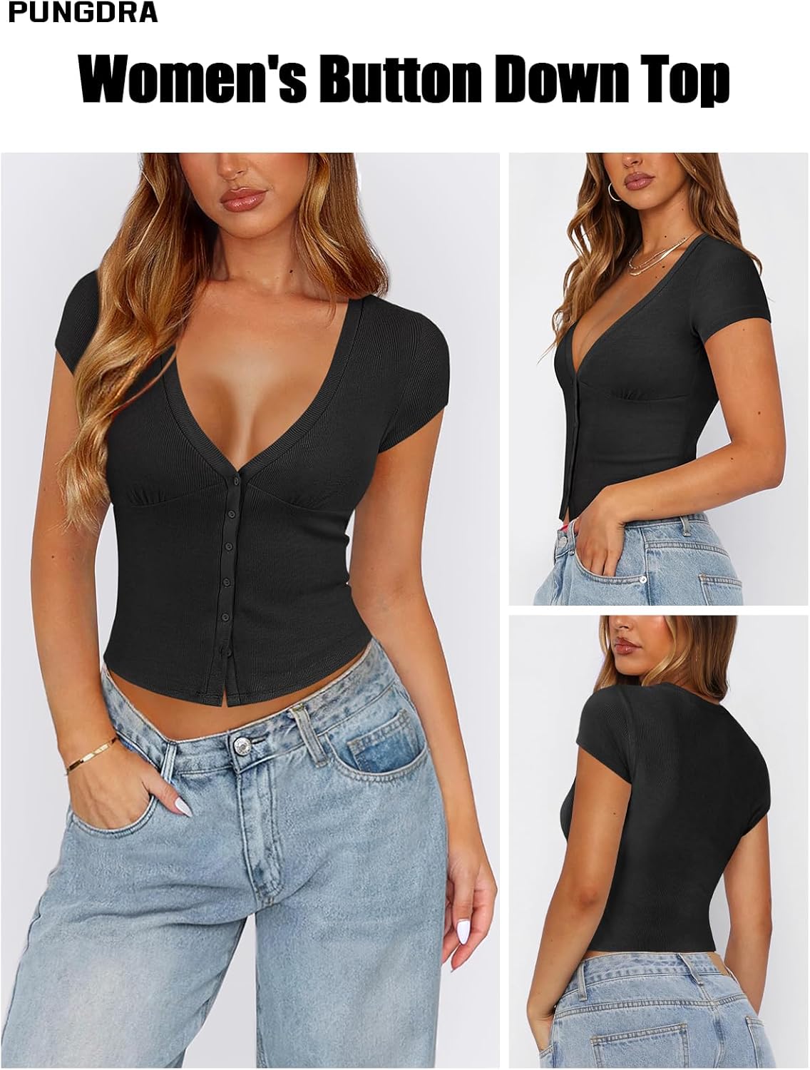 Women's Ribbed Button Down Shirt Cap Sleeve Tops for Women Button Up Knit Slim Fit Casual Y2K Crop Going Out Top - Image 3