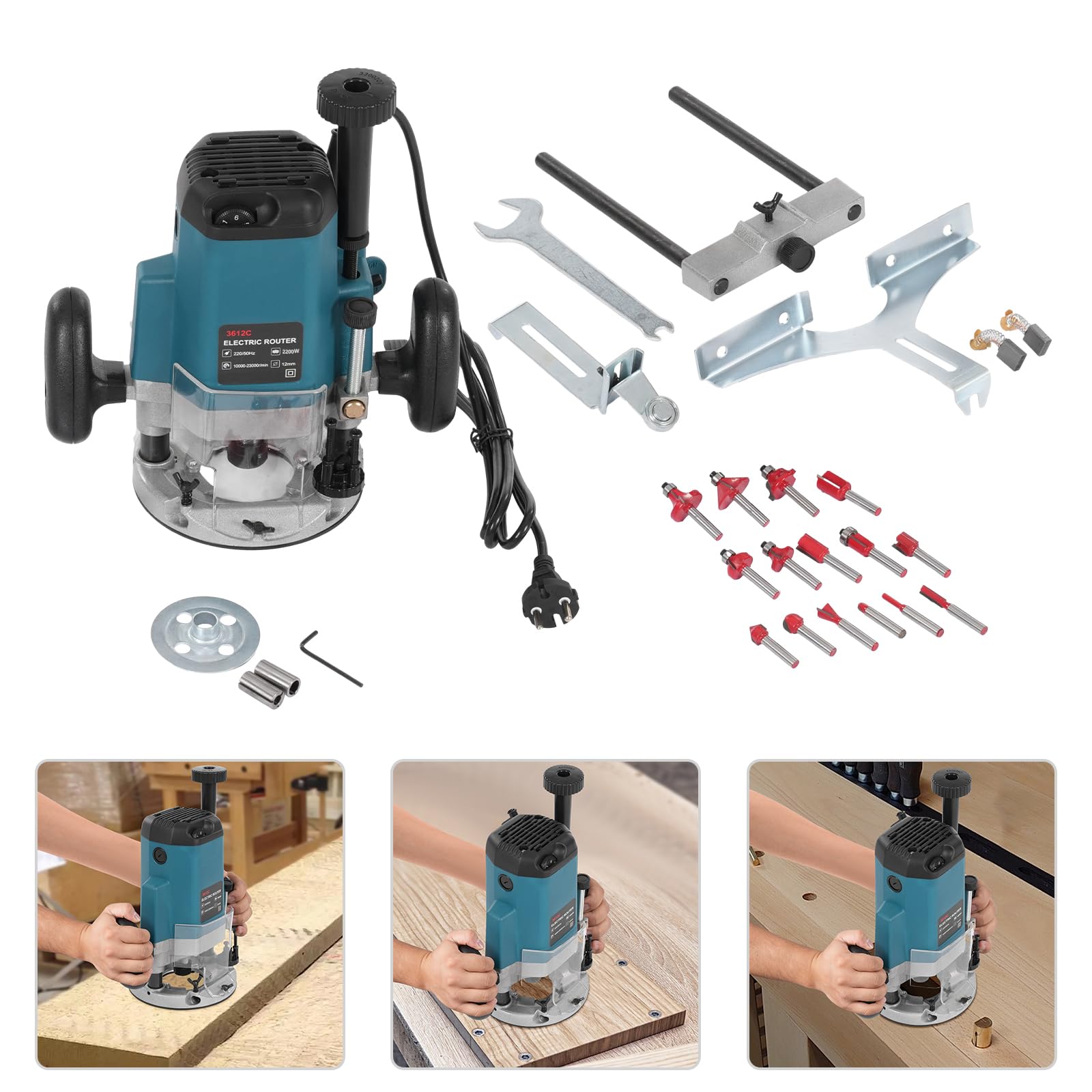 Fresadora de bordes eléctrica de 2200 W, 6 velocidades con 15 fresas, velocidad variable para madera y plástico, ajuste preciso de profundidad, incluye pinzas de sujeción de 6,35/9,52/12,7 mm