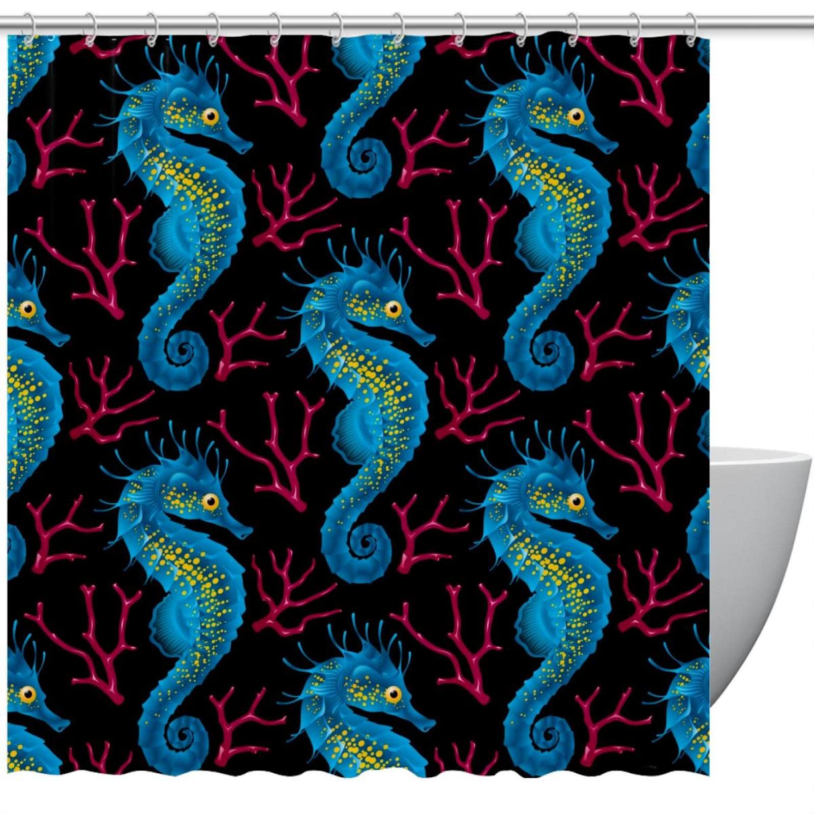 Rideau de douche imperméable bleu 168x183 cm anti-fuite d'eau motif hippocampe et corail