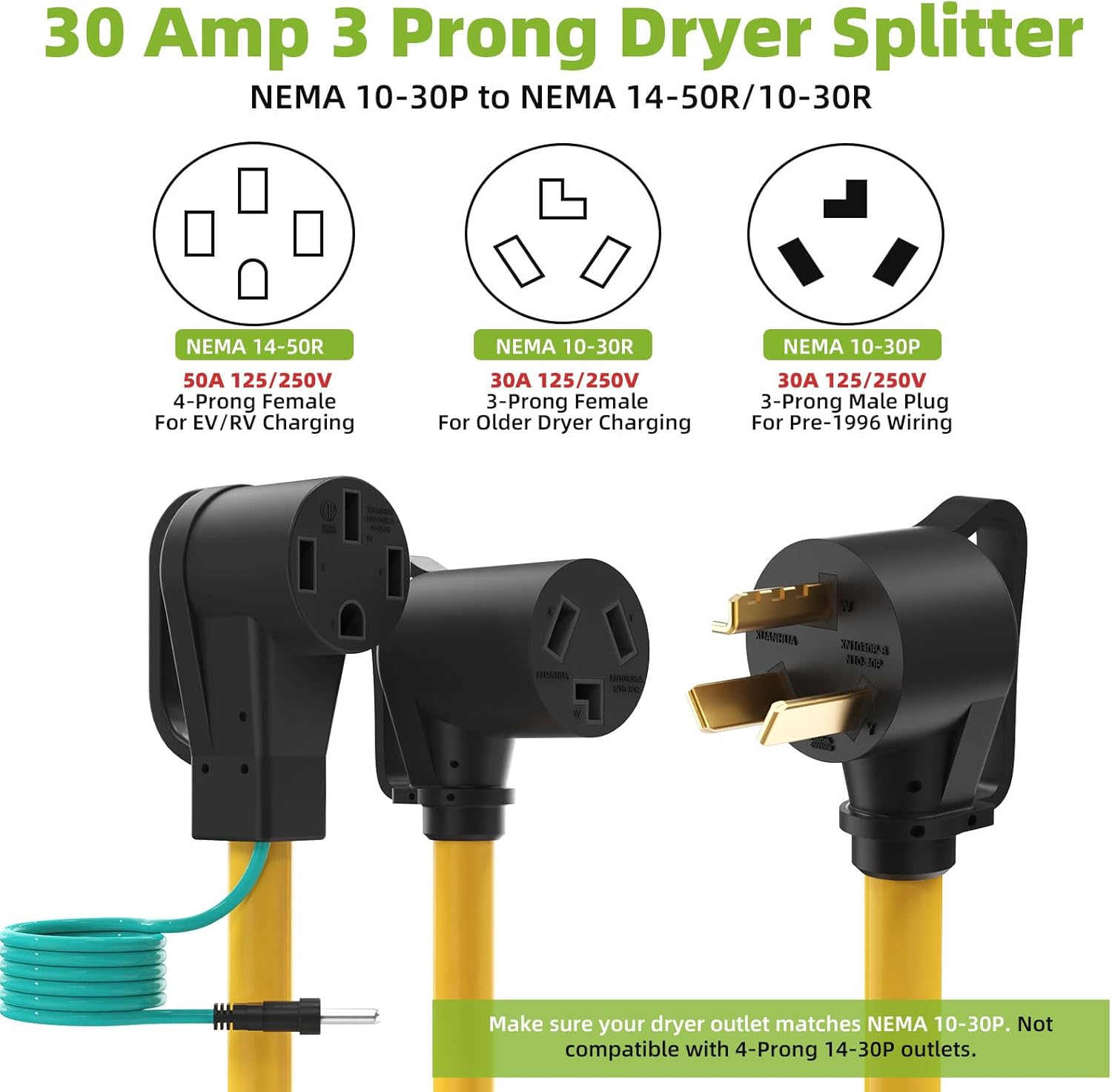 30 Amp 3 Prong Dryer Y Splitter Adapter to EV/RV, NEMA 10-30P to 14-50R/10-30R, 30A to 4 Prong 50A for EV/RV Charging at Dryer Outlet, 10 AWG, ETL Certified, 3FT with Safety Ground Wire