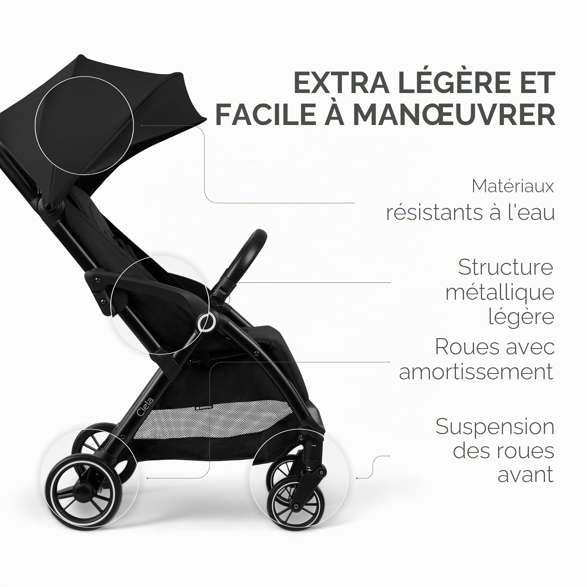 KikkaBoo Poussette Canne Compacte CIELA, Bébé jusqu’à 22 kg, Ultra Légère, Pliage Automatique, Noir