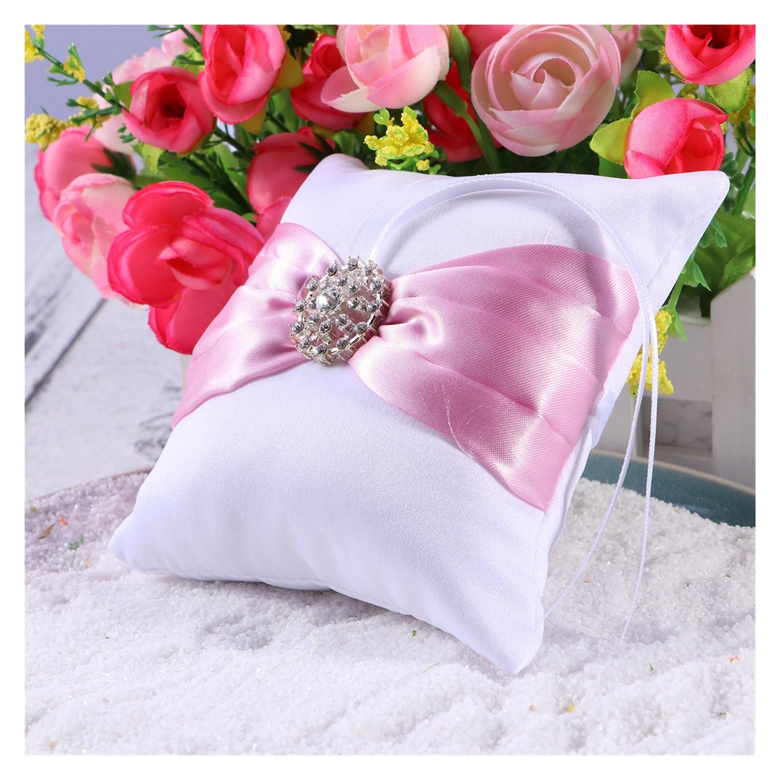 CGRSDSD Ring Bearer Pillow 10x10cm Wedding Ring Pillow Cushion Bridal Crystal Ribbon Decorated Ring Bearer Pillow(Pink)
