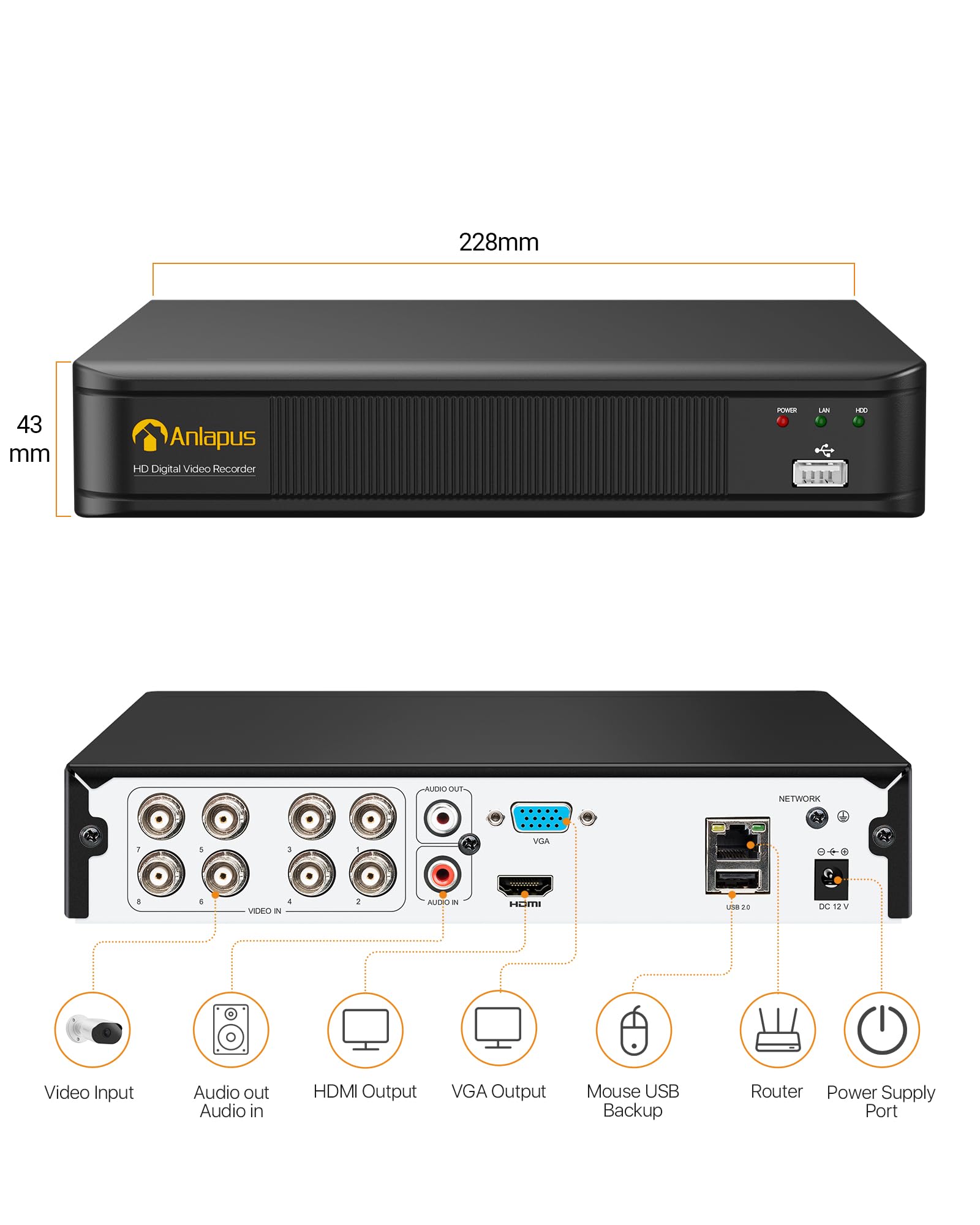 Anlapus 8CH 1080P H.265+ DVR Grabador sin Disco Duro para Sistema de Vigilancia