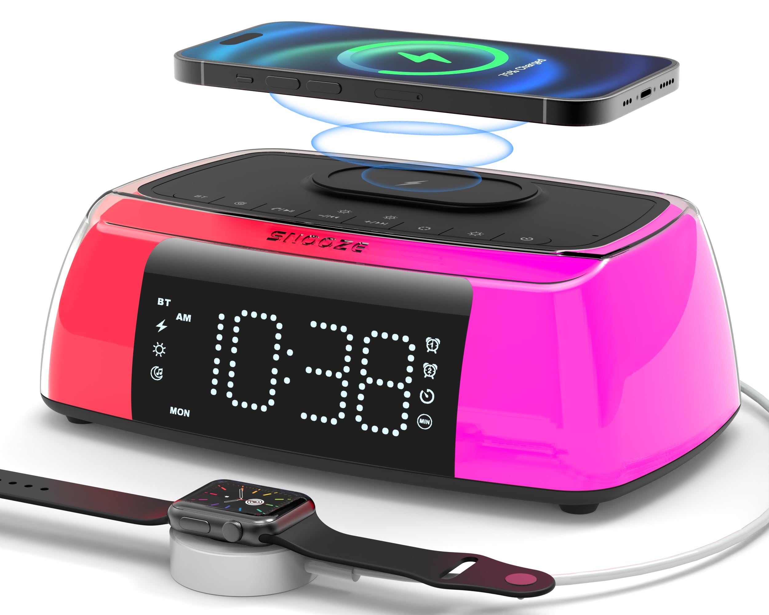 Alarm Clock with Wireless Charging Digital Loud Alarm Clock with Sound Machine Night Light Bluetooth Speaker Dimmable Bedside