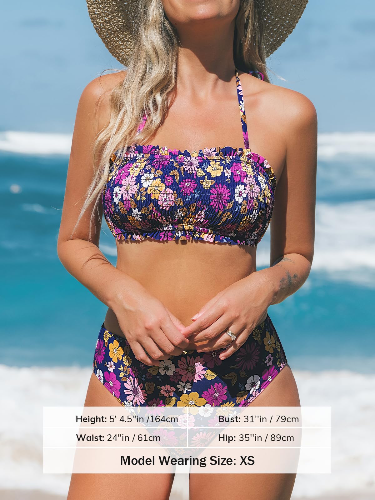 CUPSHE Conjunto de Bikini para Mujer, Traje de baño de Dos Piezas, Parte Superior de Bandeau con Lazo en la Espalda, Parte Inferior de Cintura Media con Correas de Hombro extraíbles