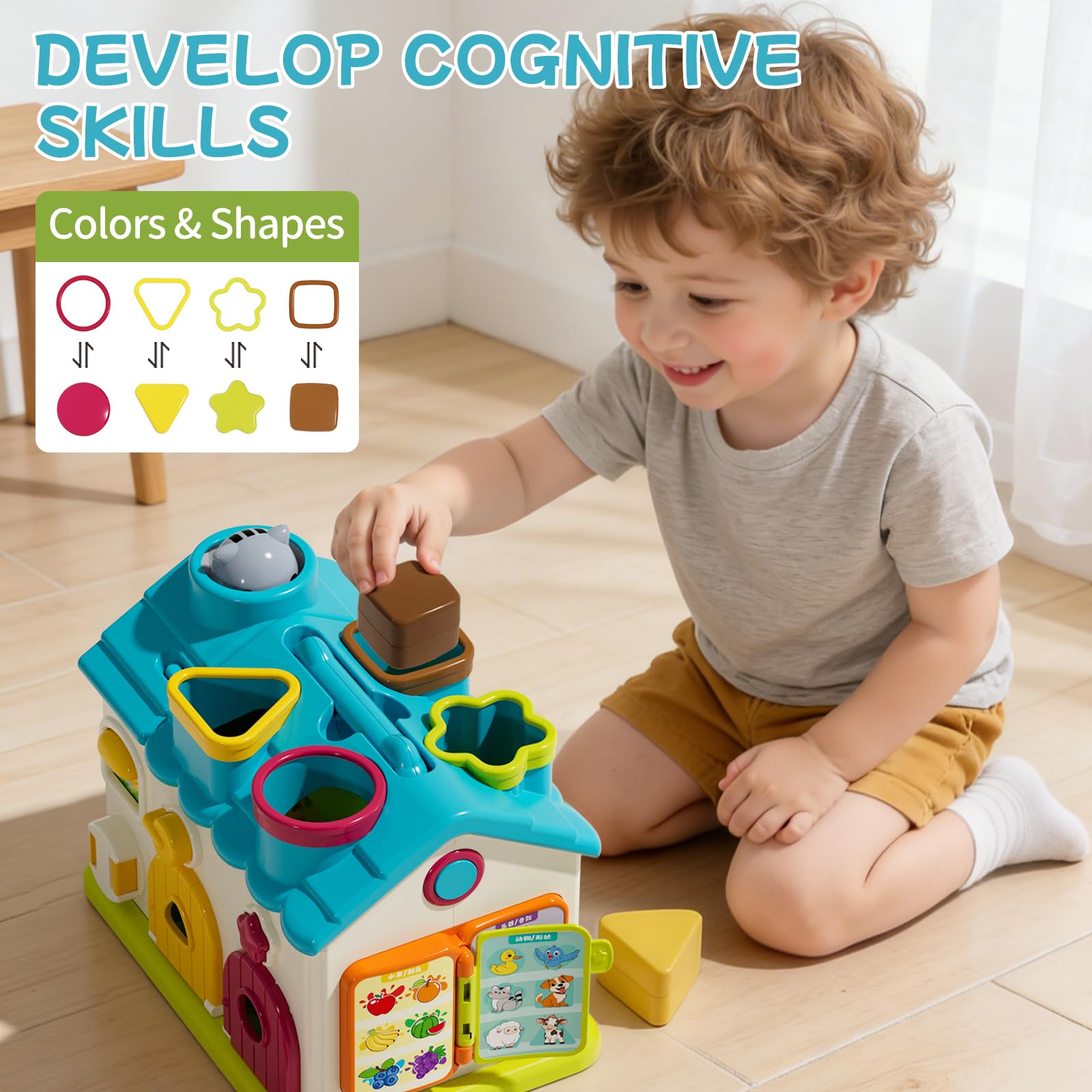 Giocattoli Montessori per bambini di 1-2 anni, 20 in 1 casa di attività educativa musicale con 4 blocchi di forma, giocattolo sensoriale motore fine per bambini da 1 a 3, regalo di primo compleanno