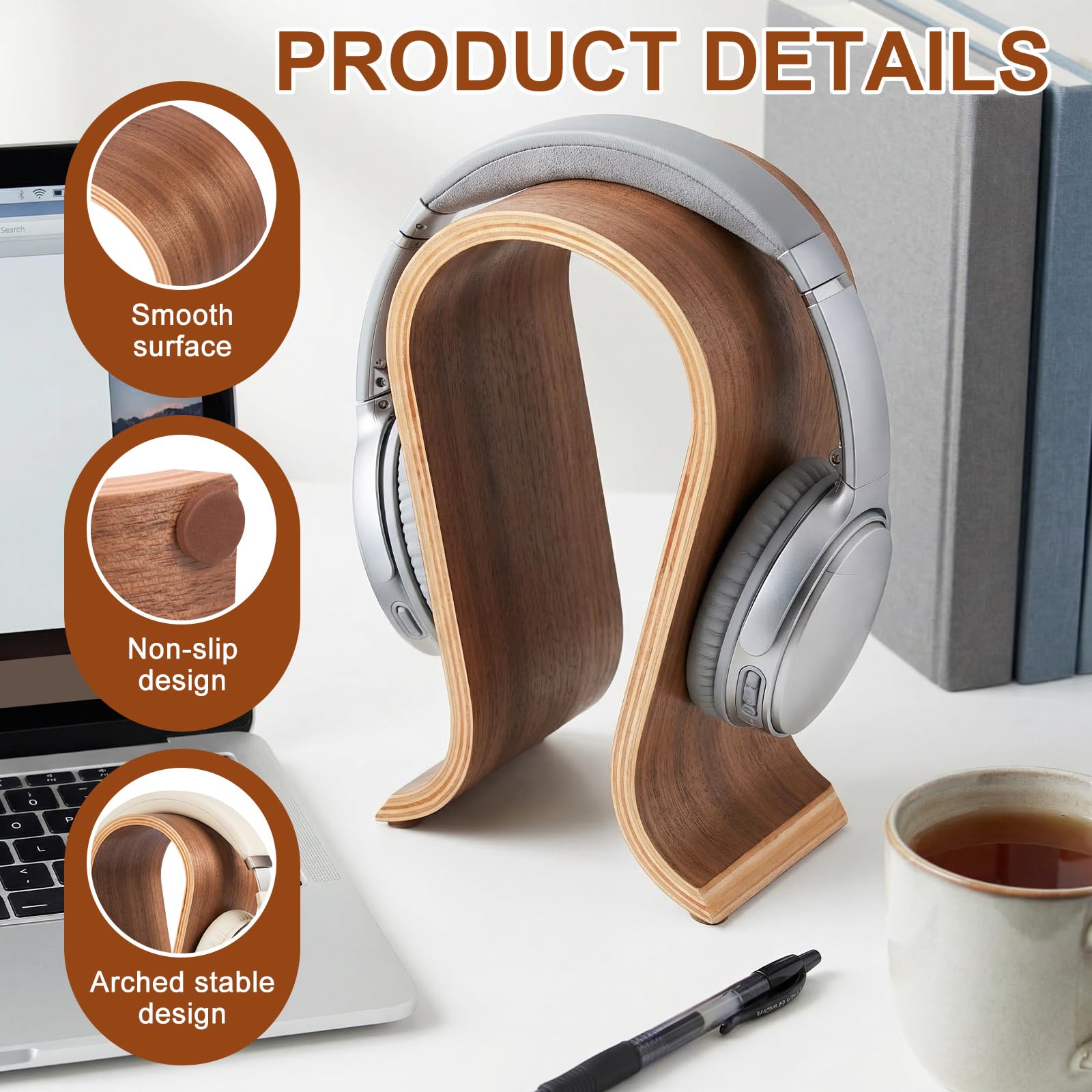 Support de casque en bois de noyer pour casque de bureau, support de casque de jeu, design de pont d'arc, compatibilité universelle