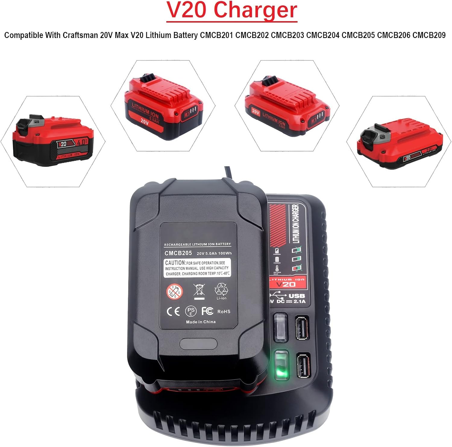 20V Battery Charger Replacement for Craftsman V20 Lithium Ion 20Volts Battery CMCB104 CMCB202 CMCB201 CMCB209 CMCB205 CMCB100 CMCB102 CMCB101 with USB Port(Only for 20V,not for 19.2V) - Image 2
