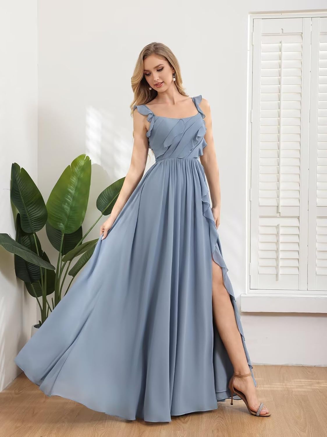 Wchecalino Chiffon Bridesmaid Dresses with Cascading Ruffles Long Square Neck Formal Evening Gowns with Slit