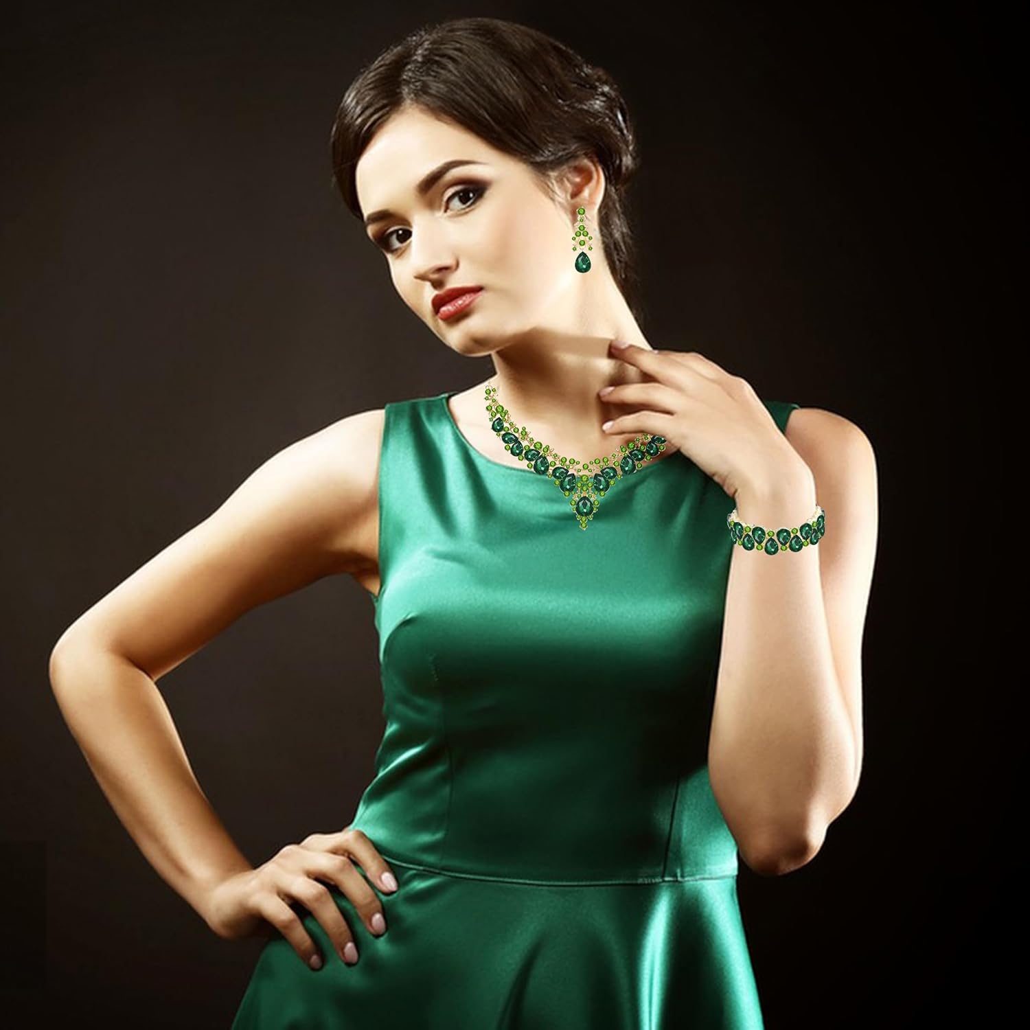 Elegant Bridal Wedding Jewelry Set for Women/Brides/Bridesmaids Teardrop Crystal Leaf Cluster Jewelry Set for Wedding Prom Party Bridal Bridesmaids Rhinestone Crystal Necklace Earrings Bracelet Set - Image 3