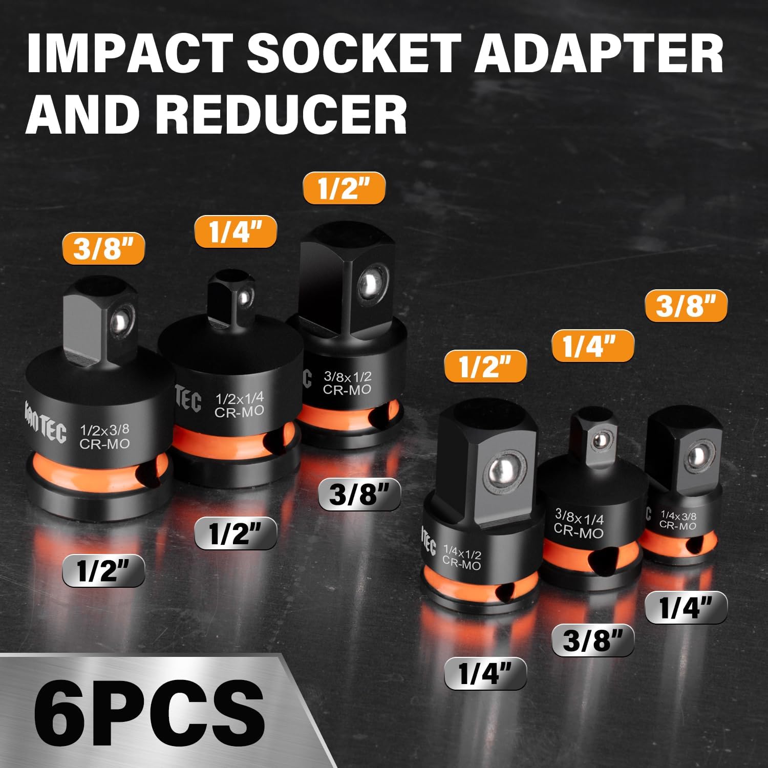 6-Piece Impact Socket Adapter and Reducer Set, SAE 1/4, 3/8, 1/2" Drive, Manganese Phosphate Finished, CR-MO Steel Impact Driver & Wrench Conversion Kit, with Storage Case