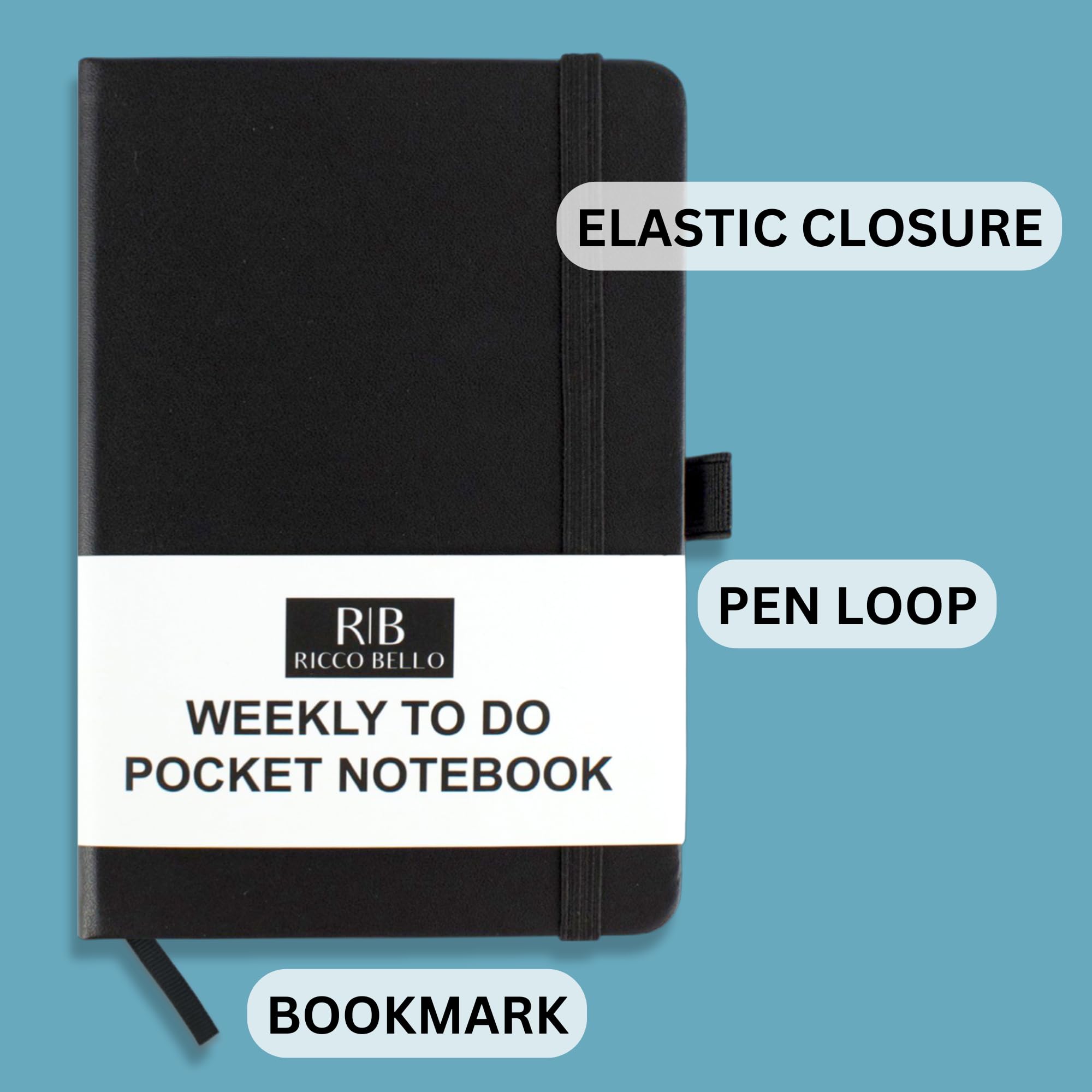 RICCO BELLO Pocket Weekly To Do Checkliste Notizbuch, Business Pocket Planer, Stiftschlaufe, Bandverschluss, Lesezeichen, Aufbewahrungstasche, 10,8 x 15,2 cm, Schwarz