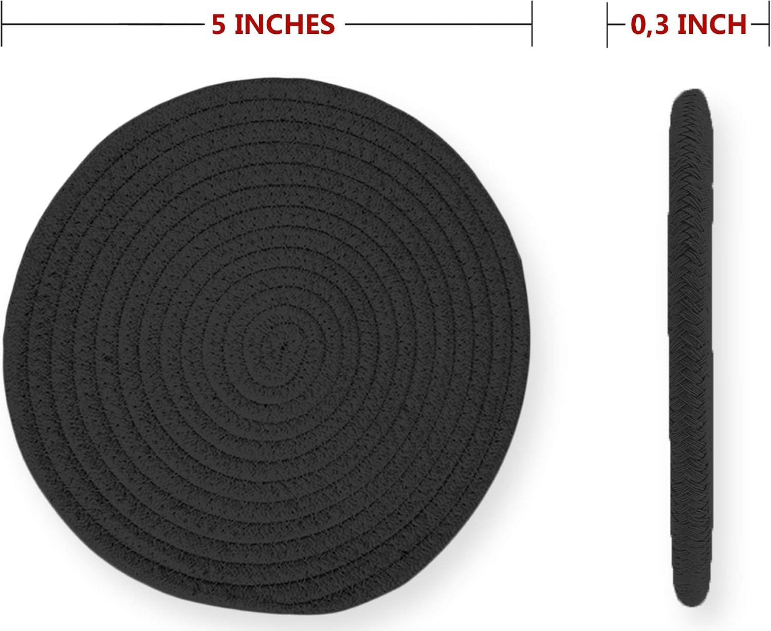 Cotton Round Woven Coasters Drink - Handmade Braided Cup Coasters Absorbent Woven Coasters Woven Hot Pads Mats for Drink Home Kitchen Heat-Resistant Reusable Non-Slip (4 pcs Black)