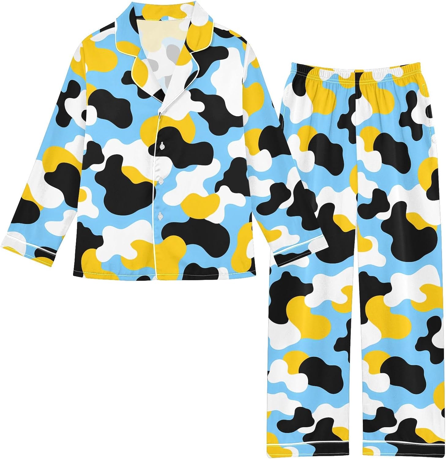 Kids Casual Satin Wear Set Blue Yellow Cow Pattern Unisex Relaxed Fit Clothing