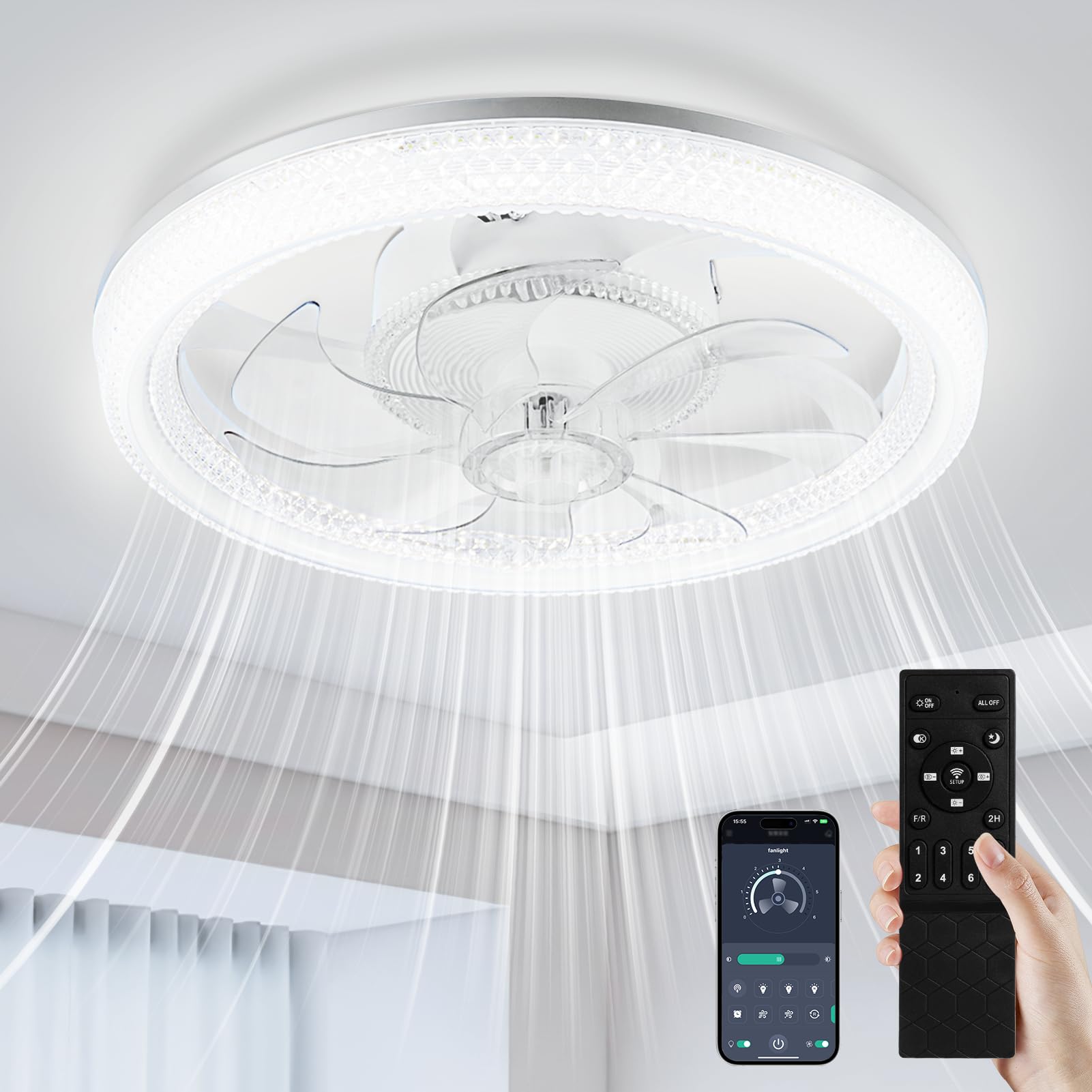 Bellanny Ceiling Fans with Lights and Remote, 48CM Flush Mount Ceiling Lights, 6 Wind Speeds Adjustable, Reversible, Modern LED Dimmable Electric Fan Lamp for Bedroom, Living Room and Kids Room — image 1