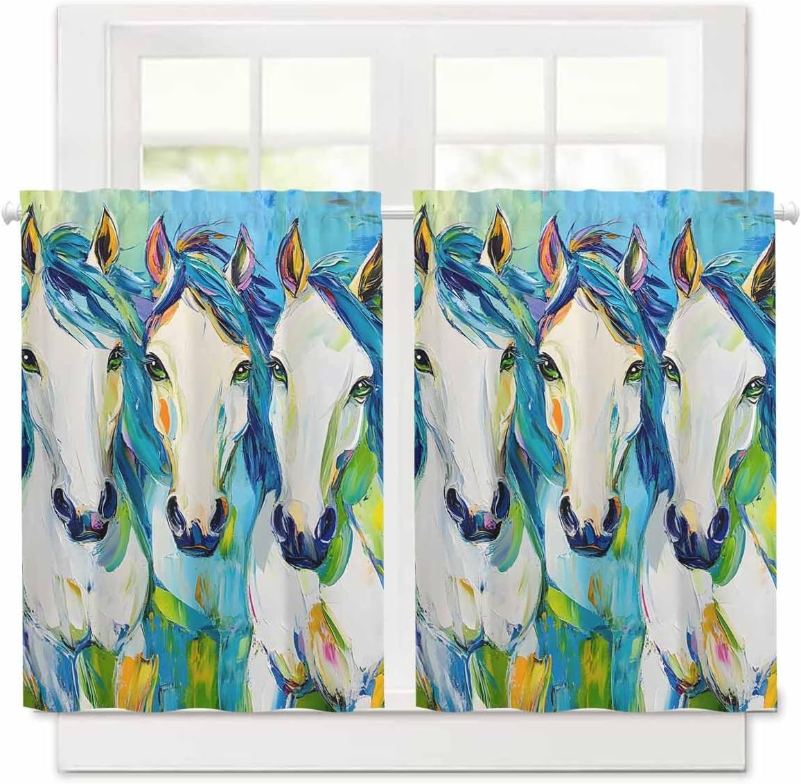 Blue Green Horse Kitchen Curtains - 36 Inch Length Kitchen Window Curtains Over Sink - Short Blackout Curtain for Windows - Abstract Oil Painting Animals Tiers Curtain for Bathroom Window 30"x36"