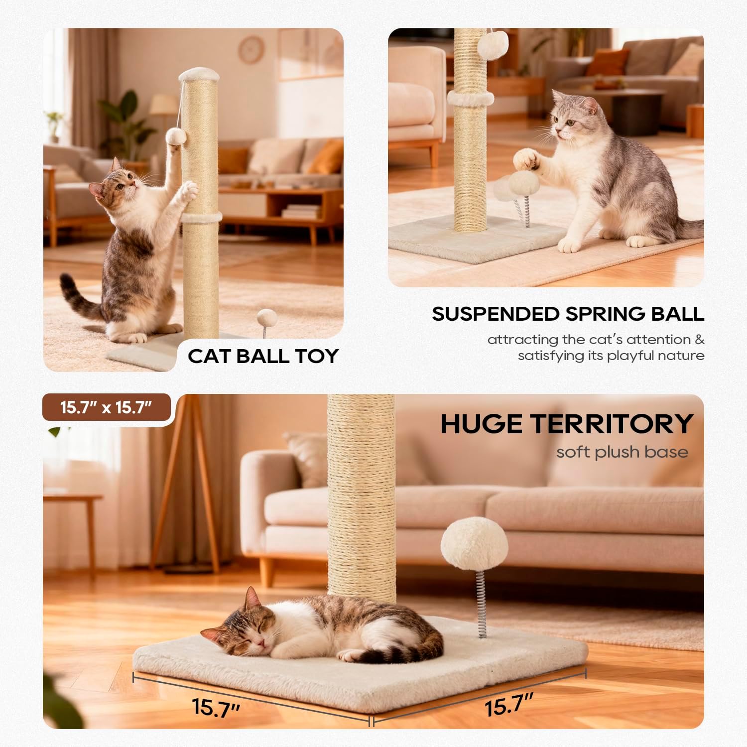 FDW 33 Inch Cat Scratching Post Cat Scratcher Natural Sisal Rope Scratch Post Trees with Hanging Ball for Indoor Cats and Adults,Beige