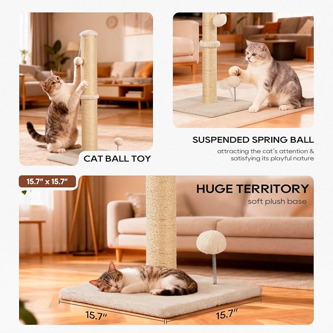 Rascador para Gatos de 33 Pulgadas con Sisal y Pelota Colgante Beige miniatura 3