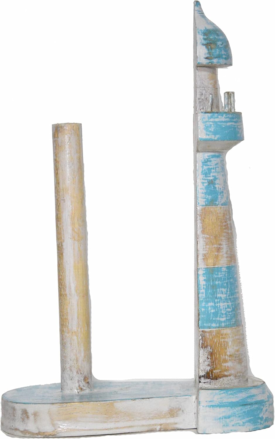 WorldBazzar New Hand Carved Lighthouse Teal Color Design Paper Towel Holder Wood Carving Nautical Statue Kitchen Gadget Sculpture, Brown, Blue, White Wash, White, Wash, Aqua, Teal, Green, Marine