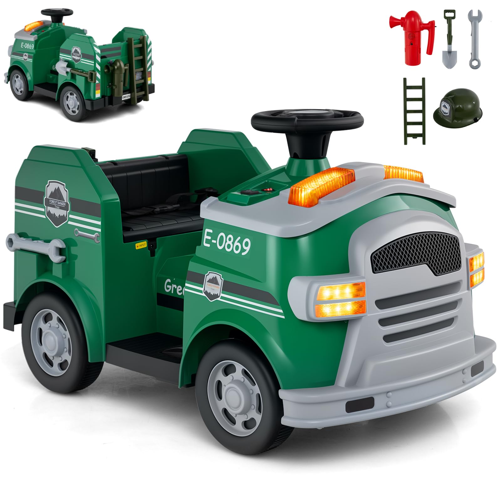 GYMAX Kids Ride on Fire Engine, 12V Children Electric Car with Music, Horn, Lights and Firefighting Toys, Battery Powered Toy Car for 3 Years Old+ (Green)