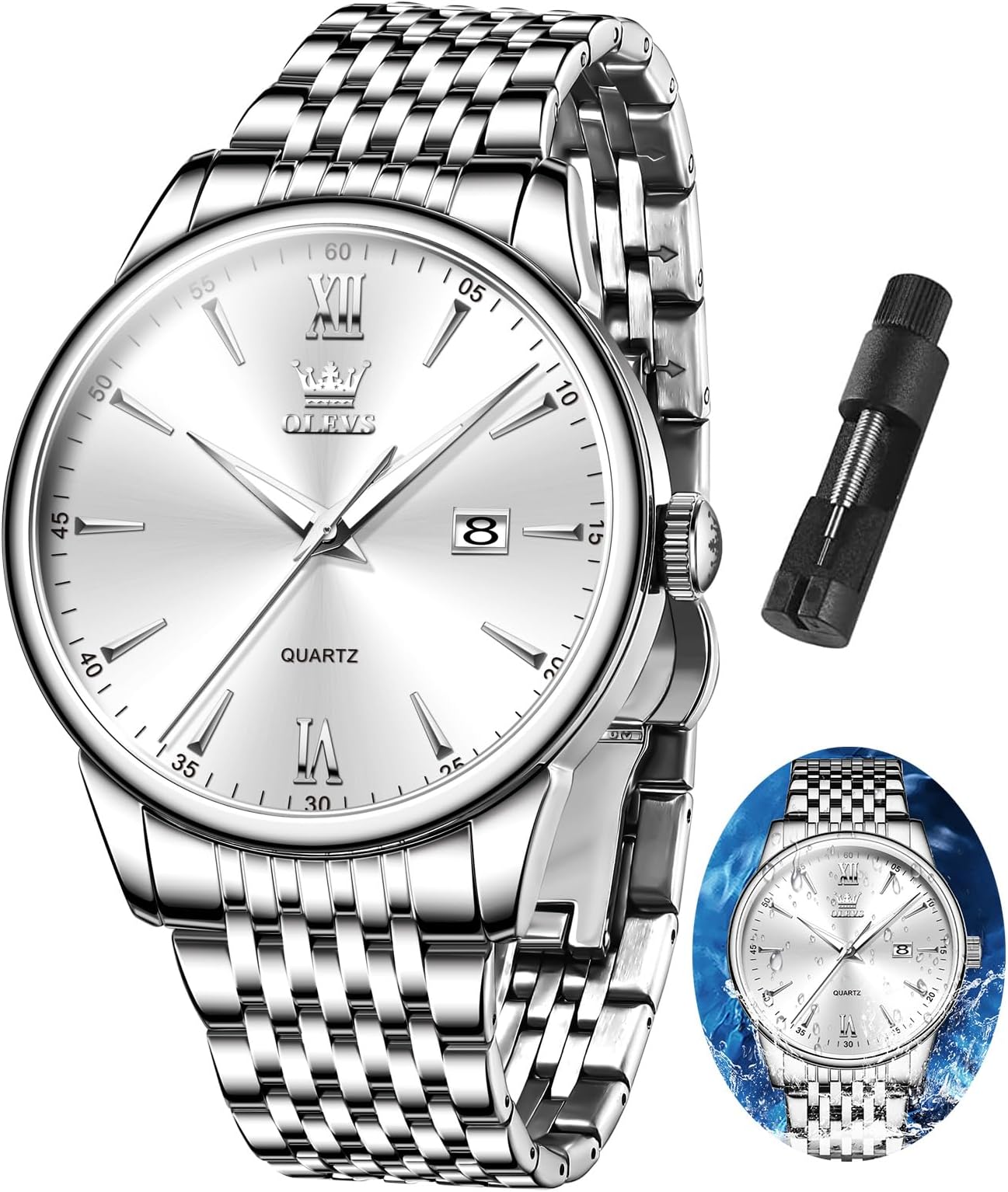 Mens Watch Stainless Steel Analog Quartz Watches for Men Day Date Easy Read Diamond Waterproof Dress Luxury Classic Casual Big Face Blue/Black/Gold/Silver Roman Arabic Numerals Men's Wrist Watch