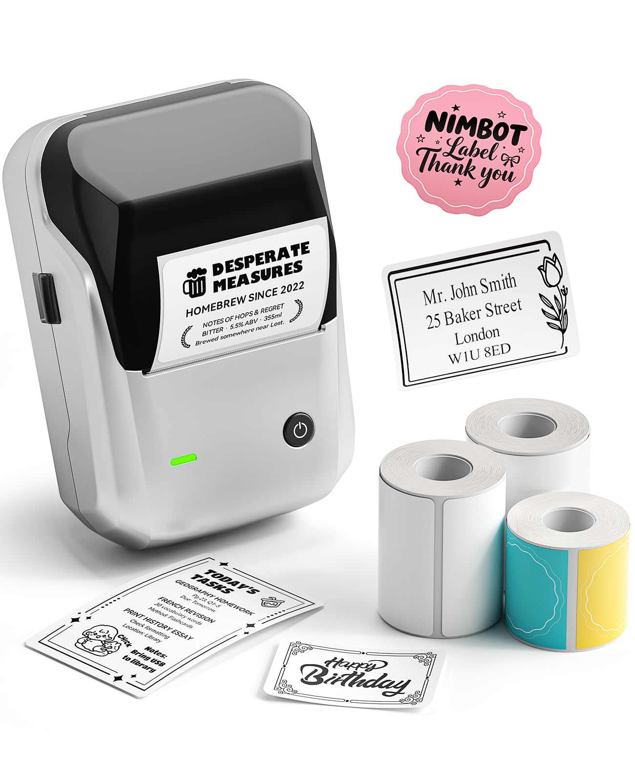 NIIMBOT B1 Bluetooth Label Maker Machine, Portable Label Printer, Large Waterproof Label, Versatile APP, 2-inch Thermal Label Printer for Spice, Address, Barcode,Logo (Machine + 3 Tapes, Sliver)
