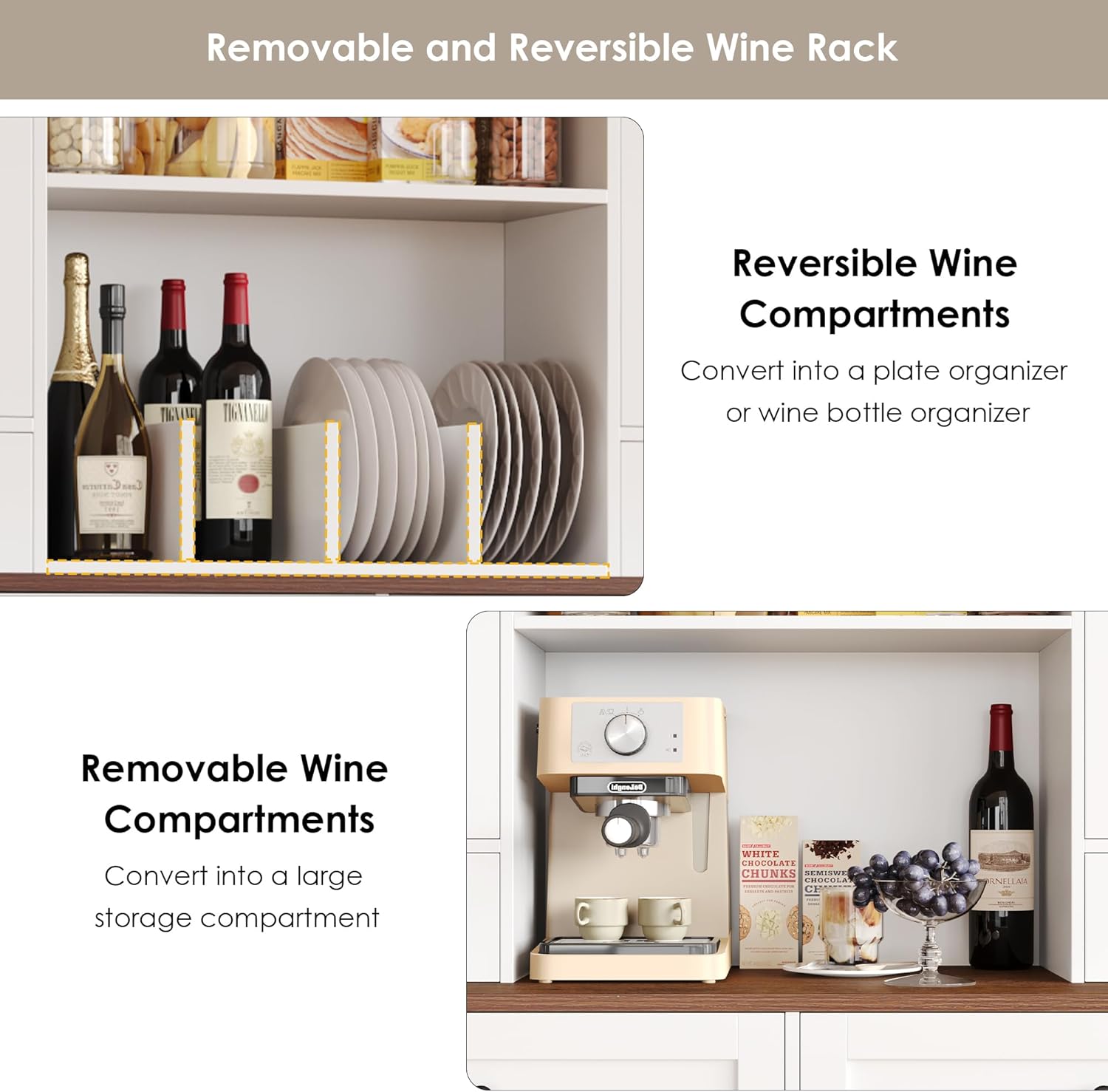 HIFIT 71''Tall Food Pantry Cabinet, 47.2'' Wide Kitchen Hutch with 4 Drawers & Shelves & Wine Rack, Glass China Cabinet for Dining Living Room, White