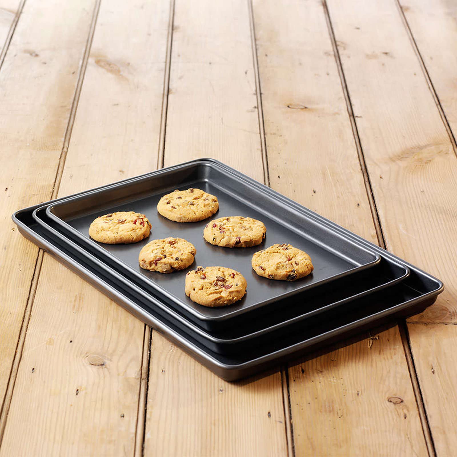 Juego de 3 bandejas antiadherentes para horno de acero al carbono, resistentes y de color negro