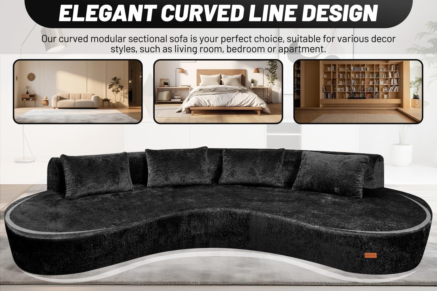 HABUTWAY 130'' Modular Sectional Sofa with Memory Foam Filled, Modern Curved Sofa Deep Seat Cloud Couch with 4 Pillows, No Assembly Required, Oversized Couches for Living Room Apartment Office, Black